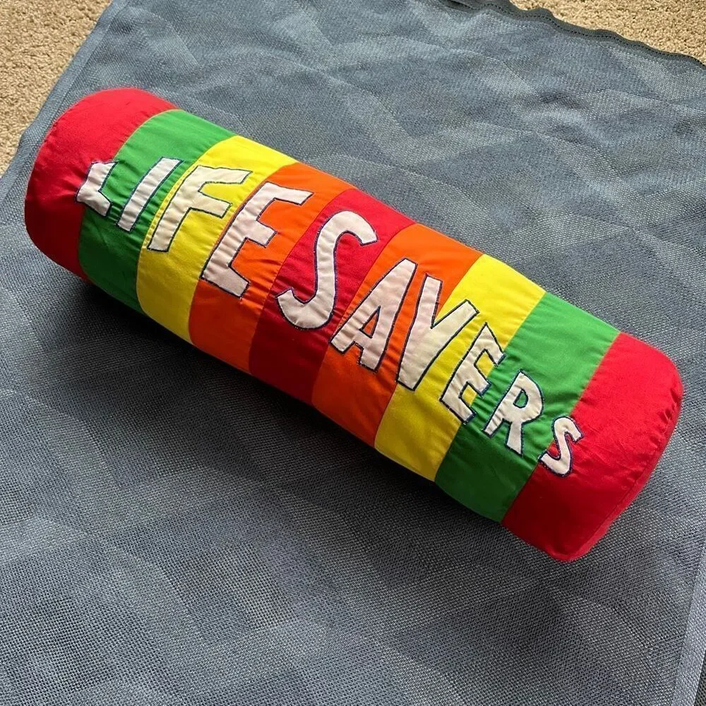 VTG Life Savers Candy Roll Pillow Handmade Quilted Novelty Retro Decor